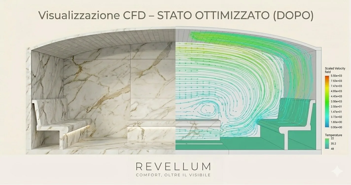Visualizzazione CFD hammam in travertino architettura curvilinea — stato ottimizzato — Revellum