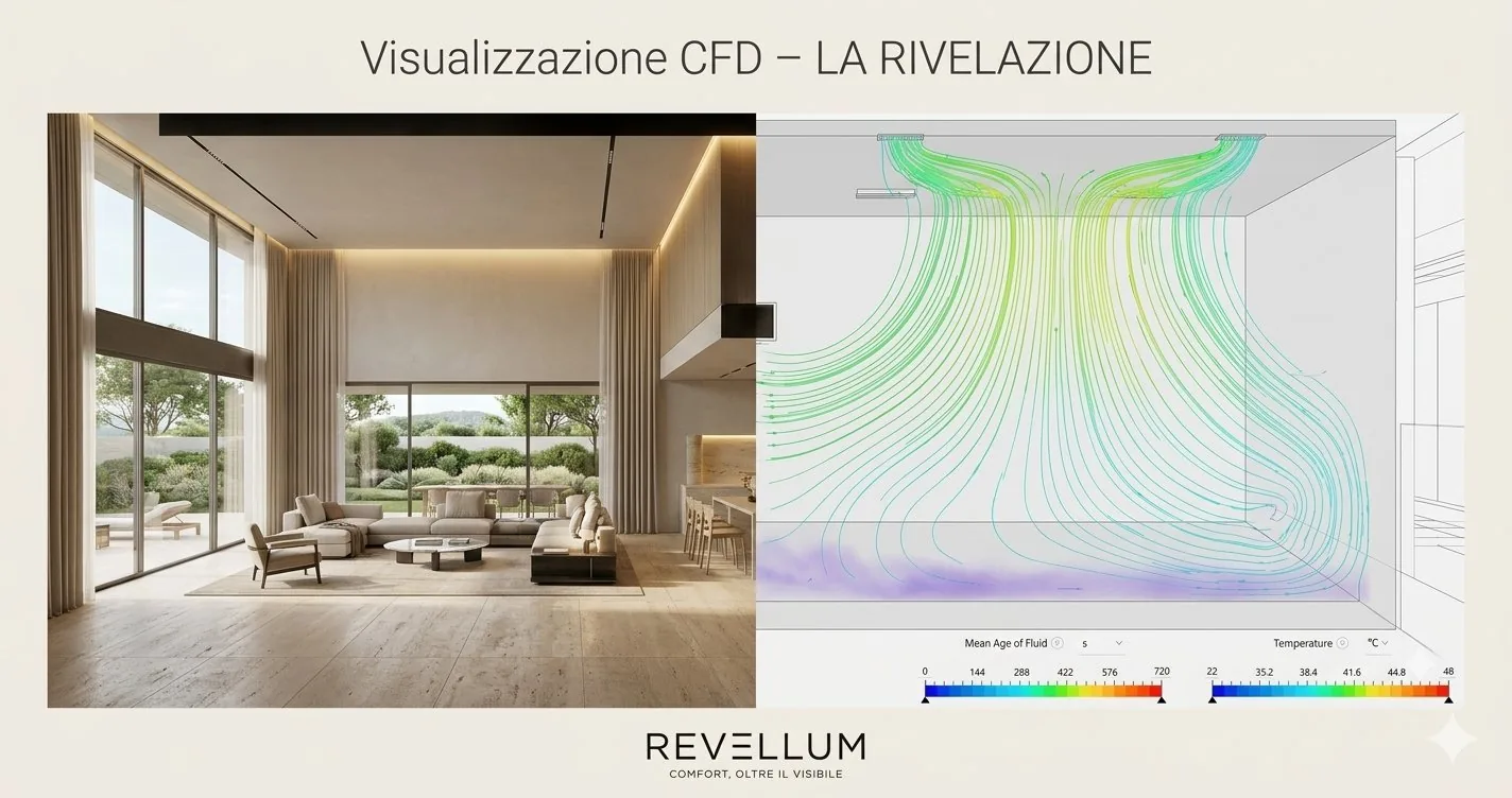Visualizzazione CFD soggiorno luxury — render architettonico a sinistra, simulazione fluidodinamica streamlines e Mean Age of Fluid a destra — Revellum