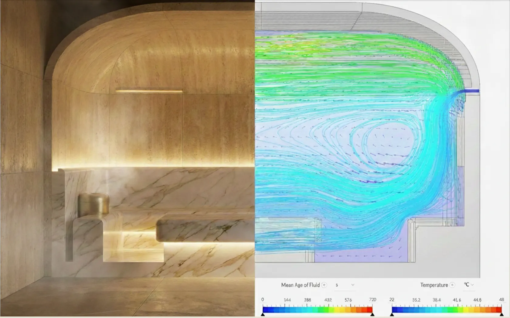 Confronto render architettonico e simulazione CFD comfort termico spazio wellness — diagnosi preventiva Revellum